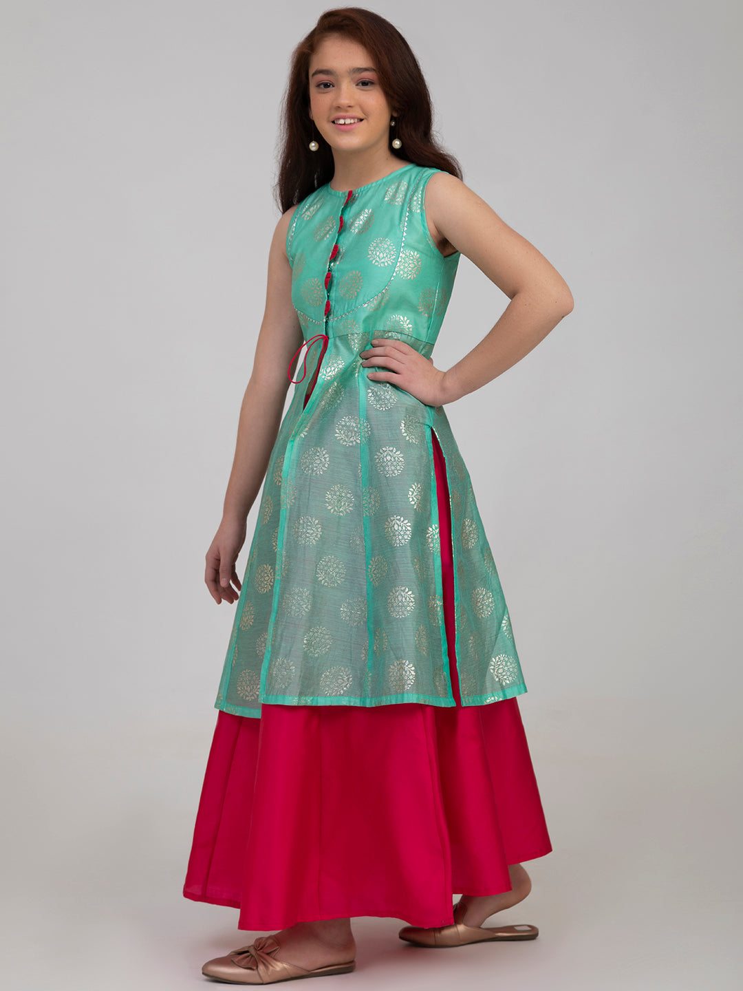 Bitiya By Bhama Girls Sea Green & Pink Printed Foil Print Ready To Wear Lehenga Choli