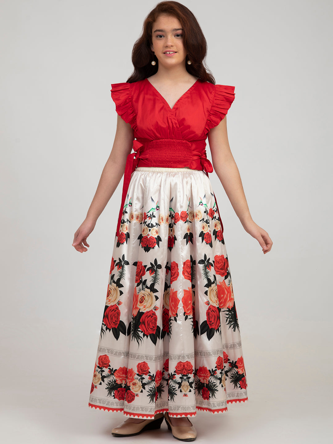 Bitiya By Bhama Girls Red & Off White Floral Printed Ready To Wear Lehenga Choli