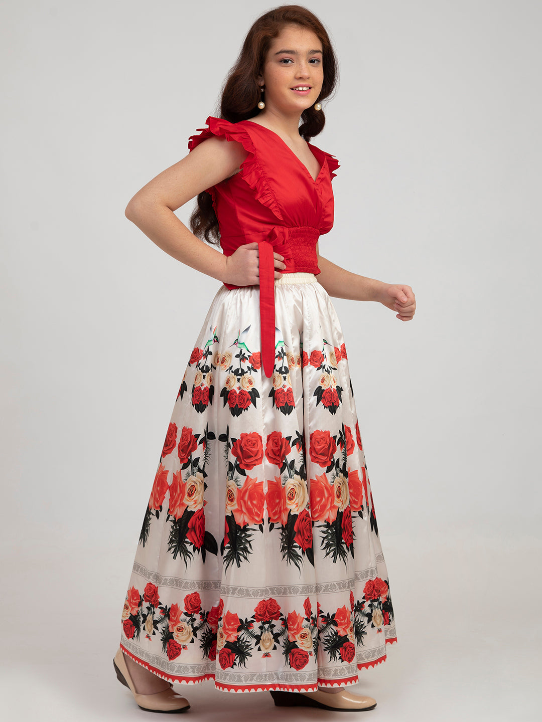 Bitiya By Bhama Girls Red & Off White Floral Printed Ready To Wear Lehenga Choli