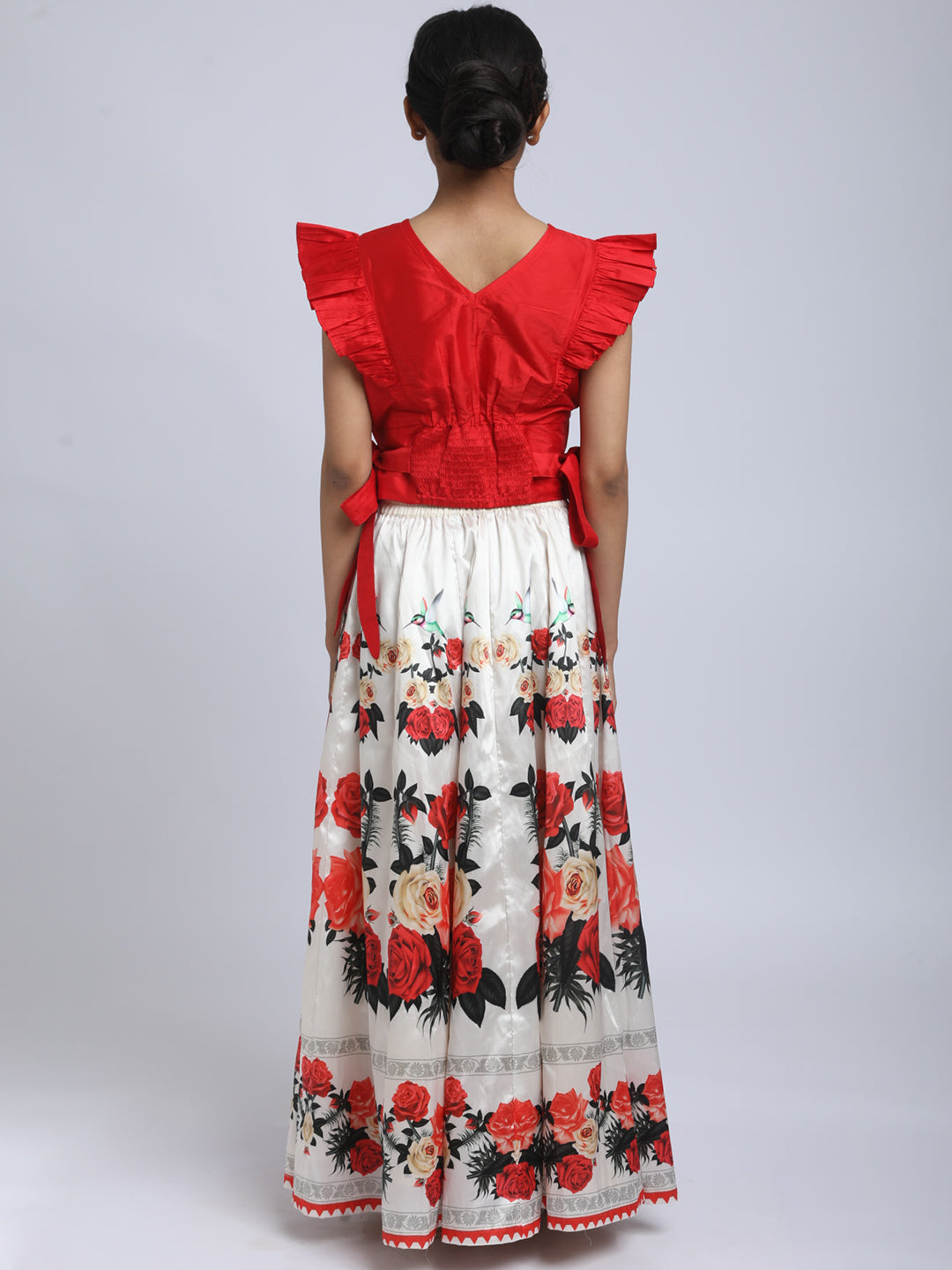 Bitiya By Bhama Girls Red & Off White Floral Printed Ready To Wear Lehenga Choli