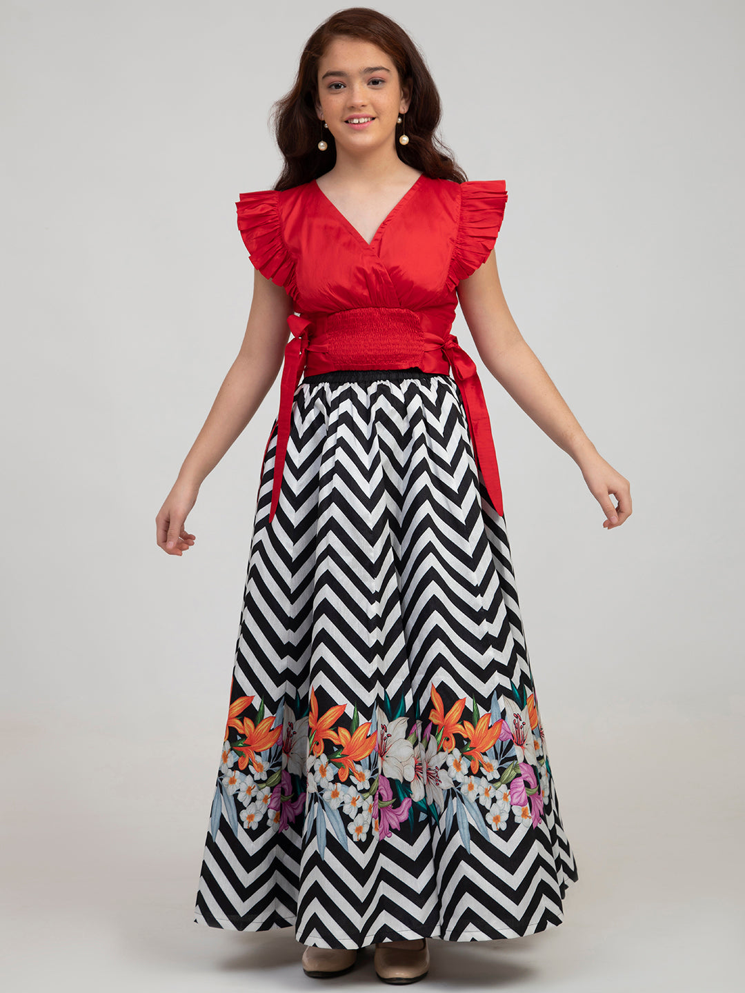 Bitiya By Bhama Girls Red And Black Zig-Zag Printed Lehenga-Choli