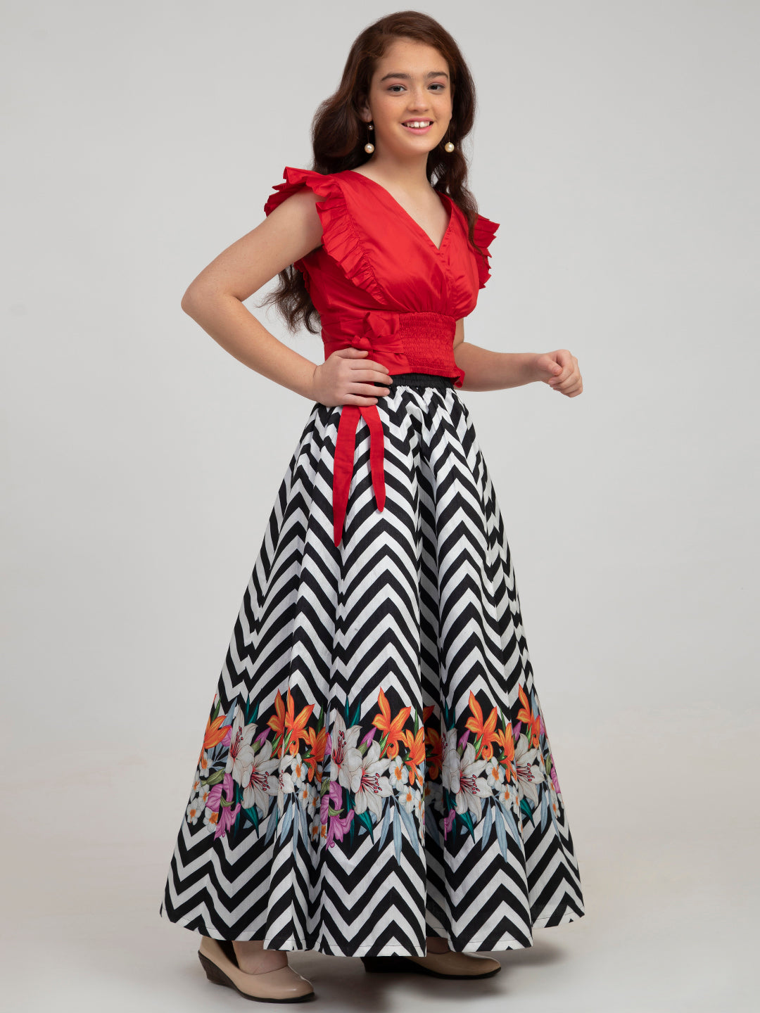 Bitiya By Bhama Girls Red And Black Zig-Zag Printed Lehenga-Choli