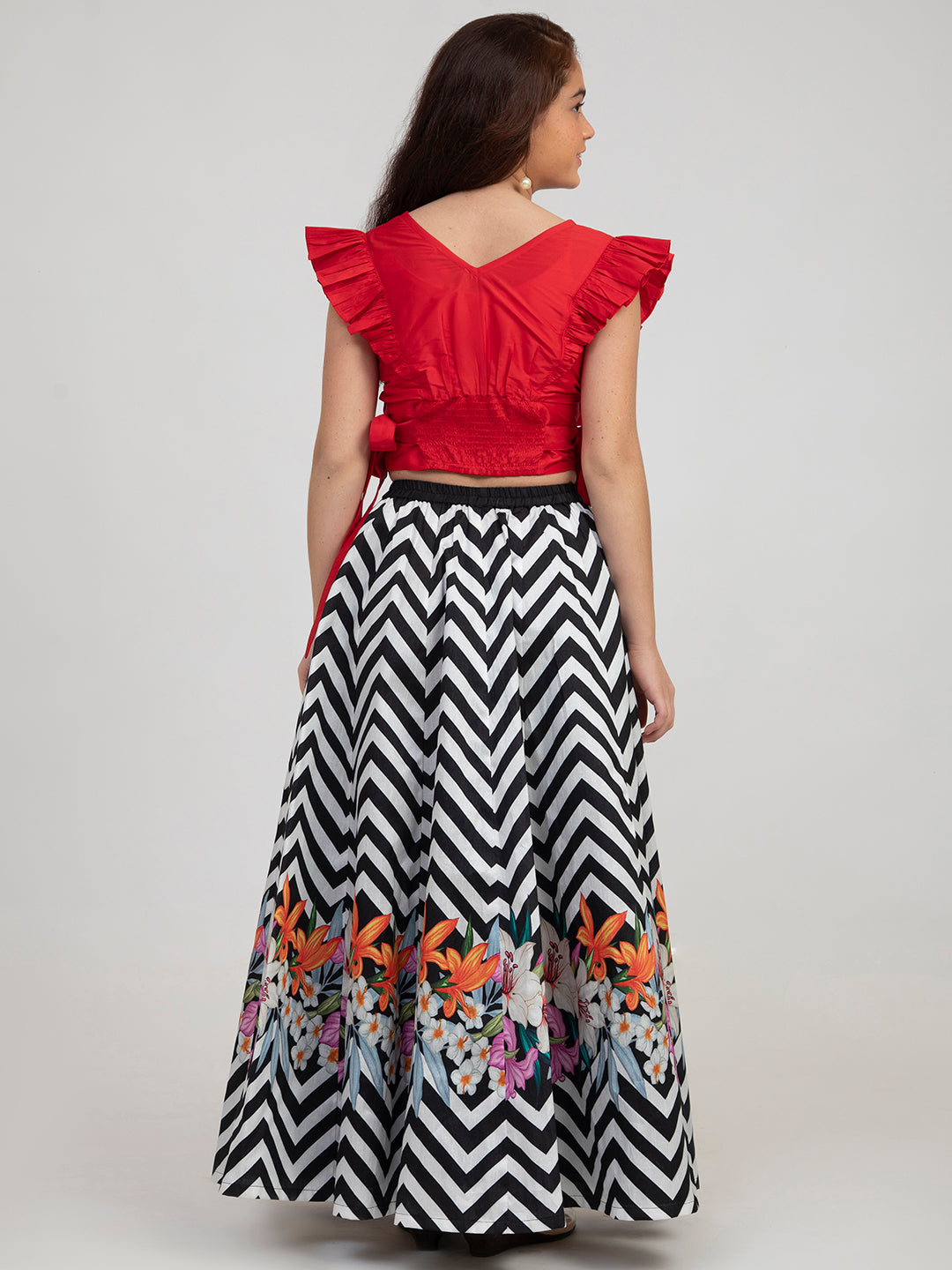 Bitiya By Bhama Girls Red And Black Zig-Zag Printed Lehenga-Choli