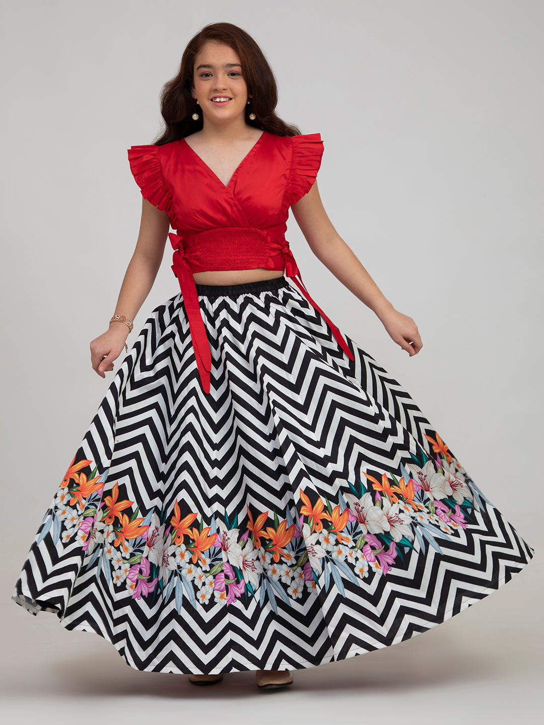 Bitiya By Bhama Girls Red And Black Zig-Zag Printed Lehenga-Choli