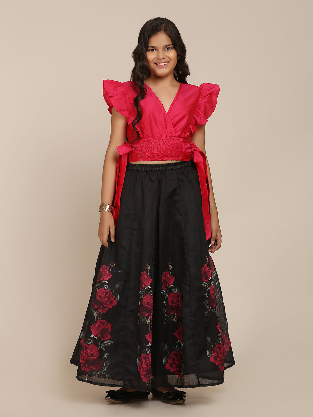 Bitiya By Bhama Girls Pink & Black Printed Ready To Wear Lehenga Choli