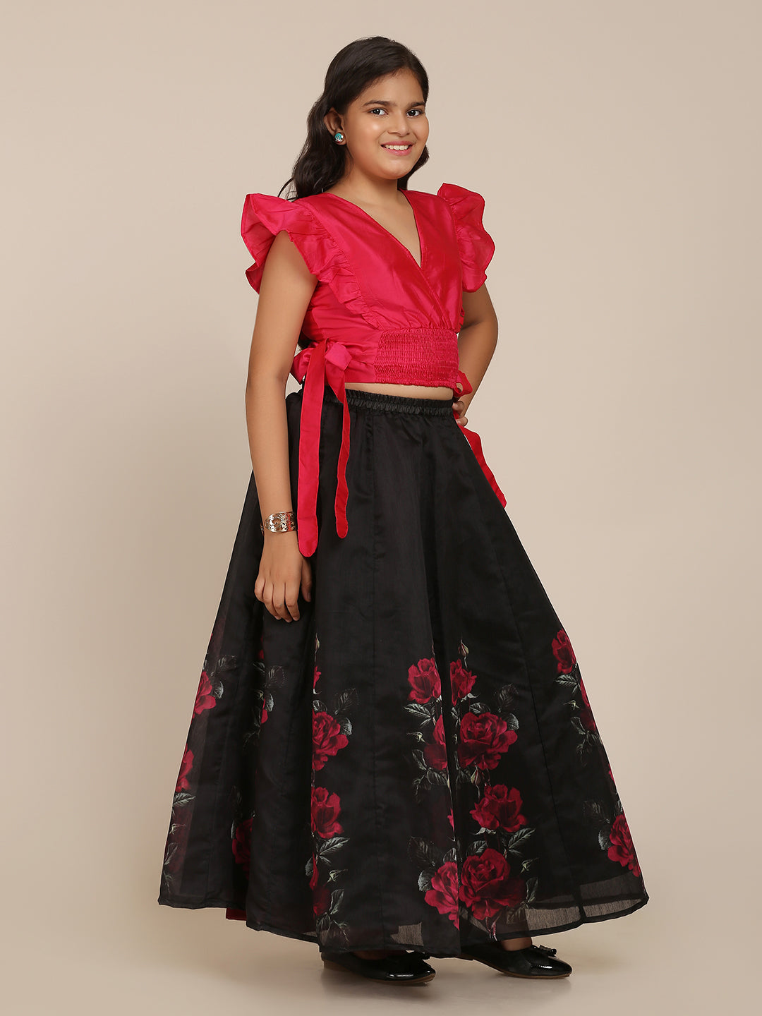 Bitiya By Bhama Girls Pink & Black Printed Ready To Wear Lehenga Choli