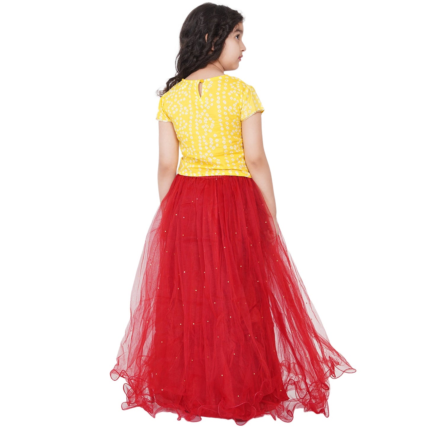 Bitiya by Bhama 
Girls Yellow & Red Printed Ready to Wear Lehenga Choli