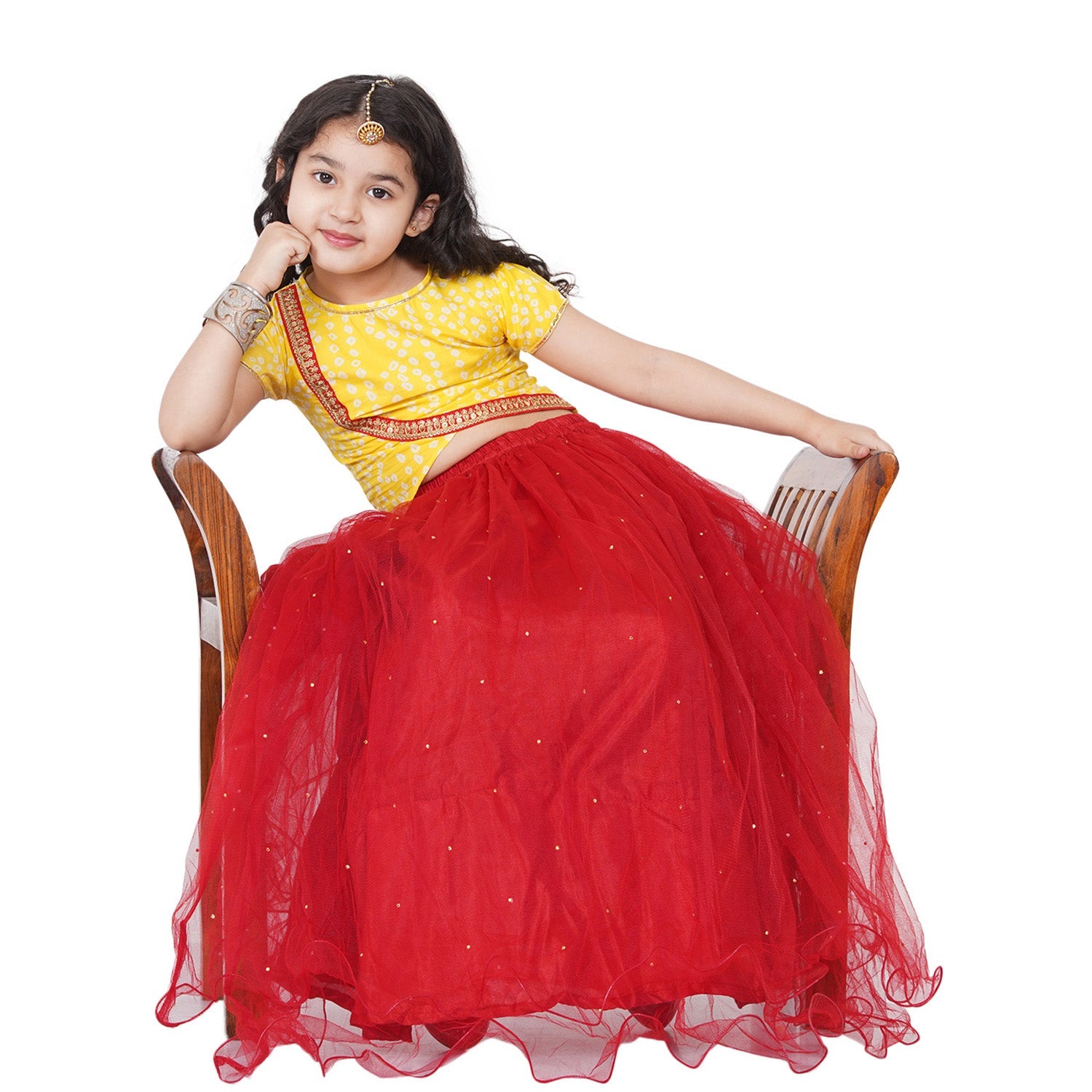 Bitiya by Bhama 
Girls Yellow & Red Printed Ready to Wear Lehenga Choli