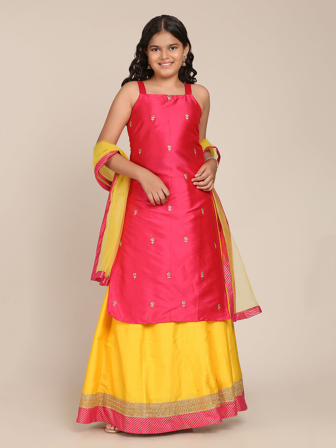 Bitiya By Bhama Girls Pink & Yellow Embroidered Ready To Wear Lehenga & Blouse With Dupatta