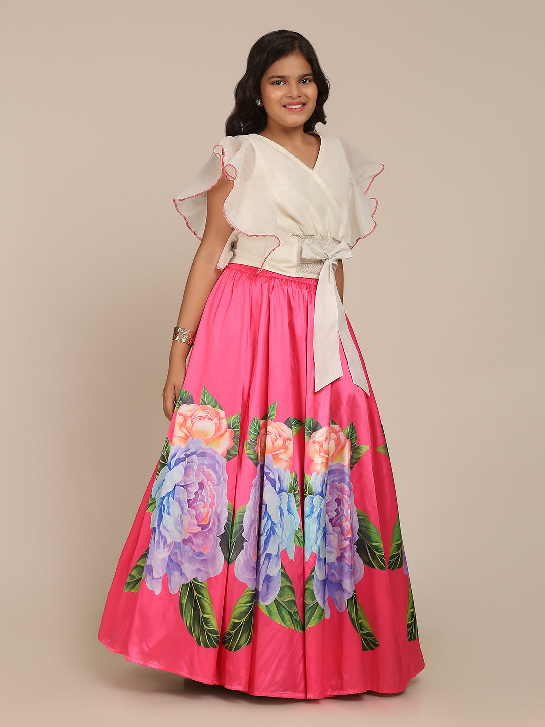 Bitiya by Bhama 
Girls Off White & Pink Ready to Wear Digital Print Lehenga Choli