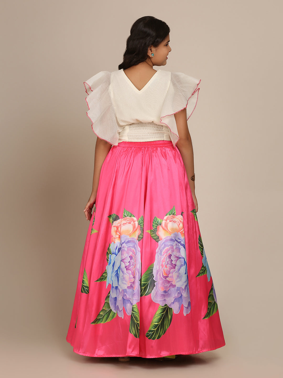 Bitiya by Bhama 
Girls Off White & Pink Ready to Wear Digital Print Lehenga Choli