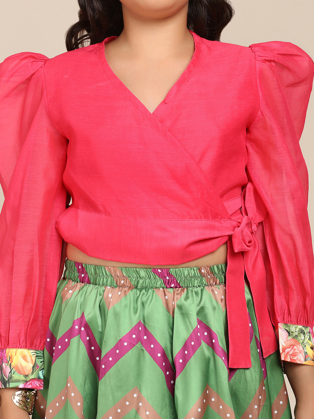 Bitiya By Bhama Girls Pink & Choli Green Digital Printed Ready To Wear Lehenga