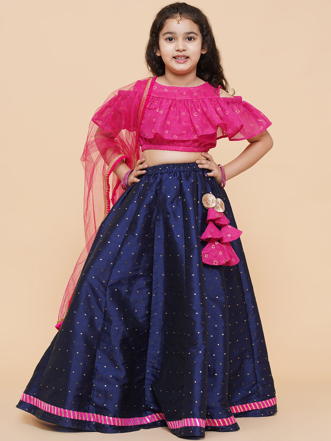 Bitiya by Bhama 
Girls Printed Foil Print Ready to Wear Lehenga & Blouse With Dupatta