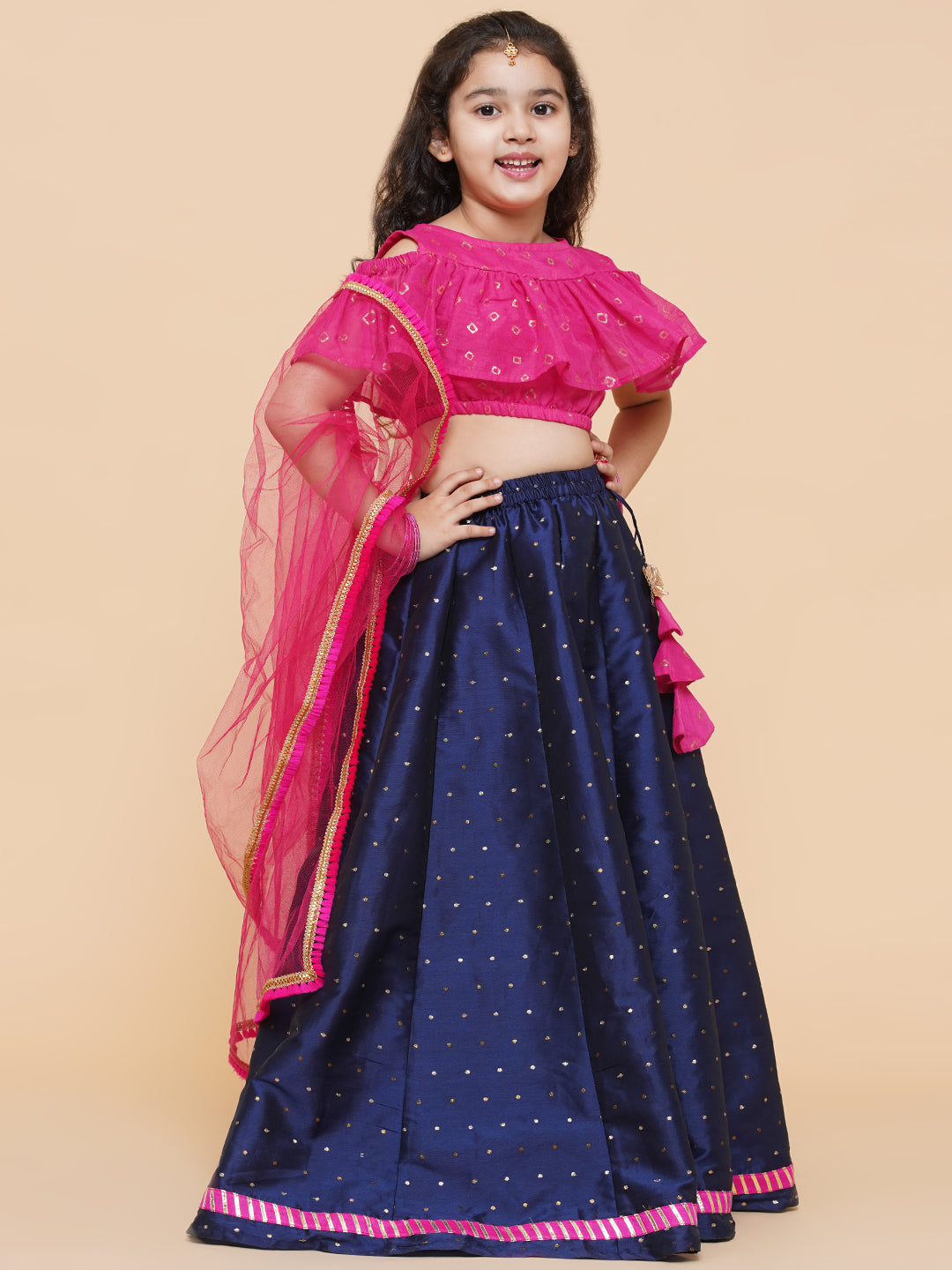 Bitiya by Bhama 
Girls Printed Foil Print Ready to Wear Lehenga & Blouse With Dupatta