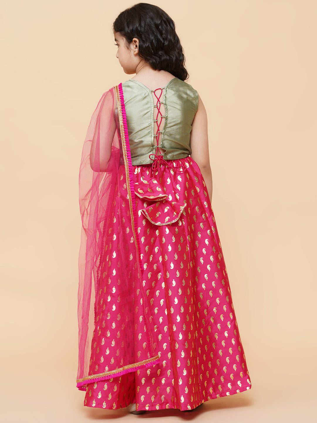 Bitiya by Bhama 
Girls Green & Pink Embroidered Foil Print Ready to Wear Lehenga Choli