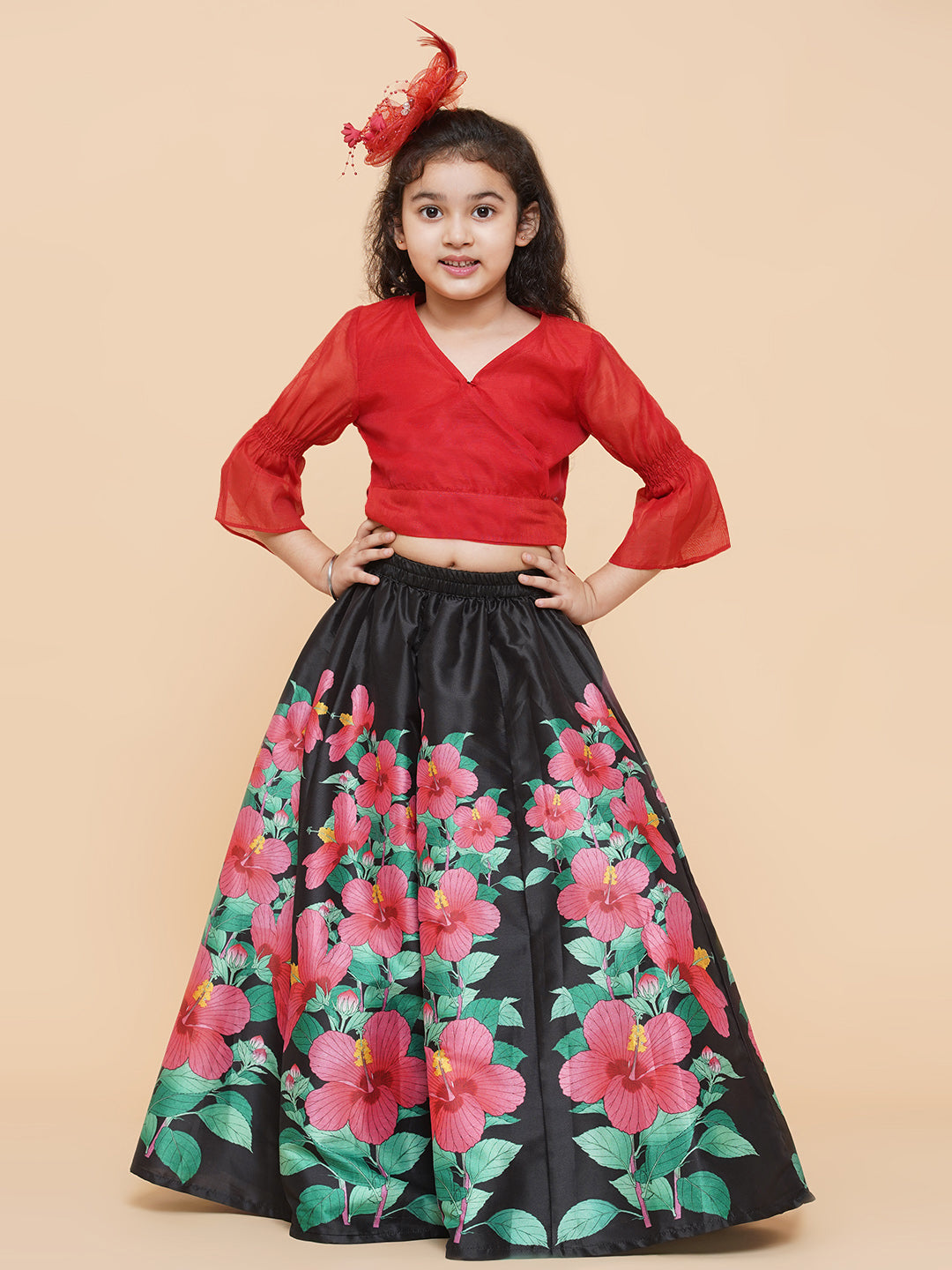 Bitiya By Bhama Girls Red & Black Printed Ready To Wear Lehenga & Blouse