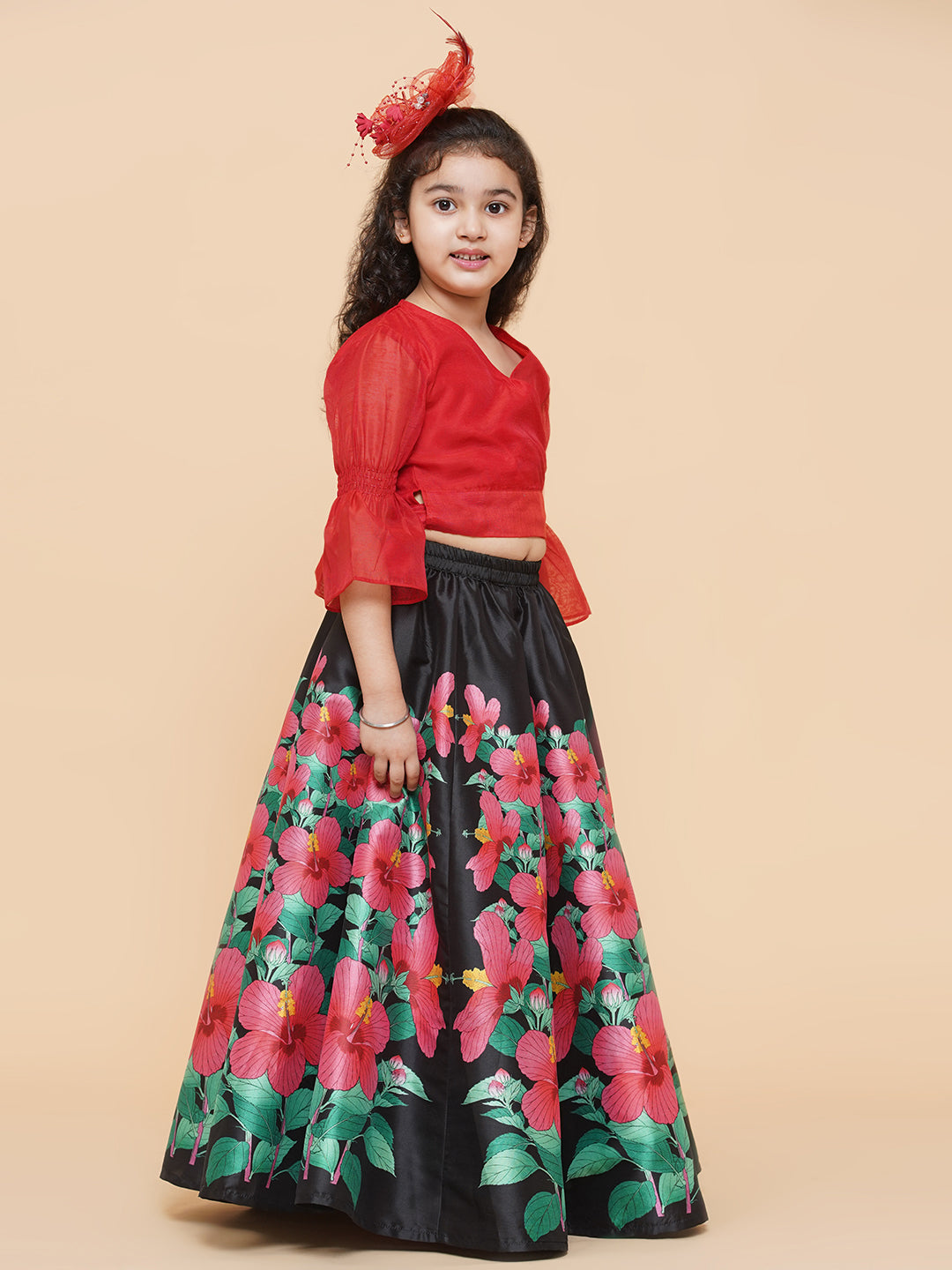 Bitiya By Bhama Girls Red & Black Printed Ready To Wear Lehenga & Blouse