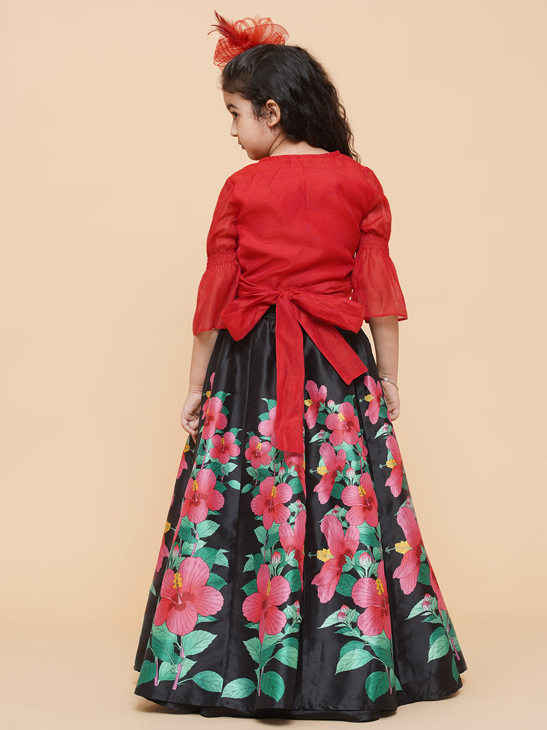 Bitiya By Bhama Girls Red & Black Printed Ready To Wear Lehenga & Blouse
