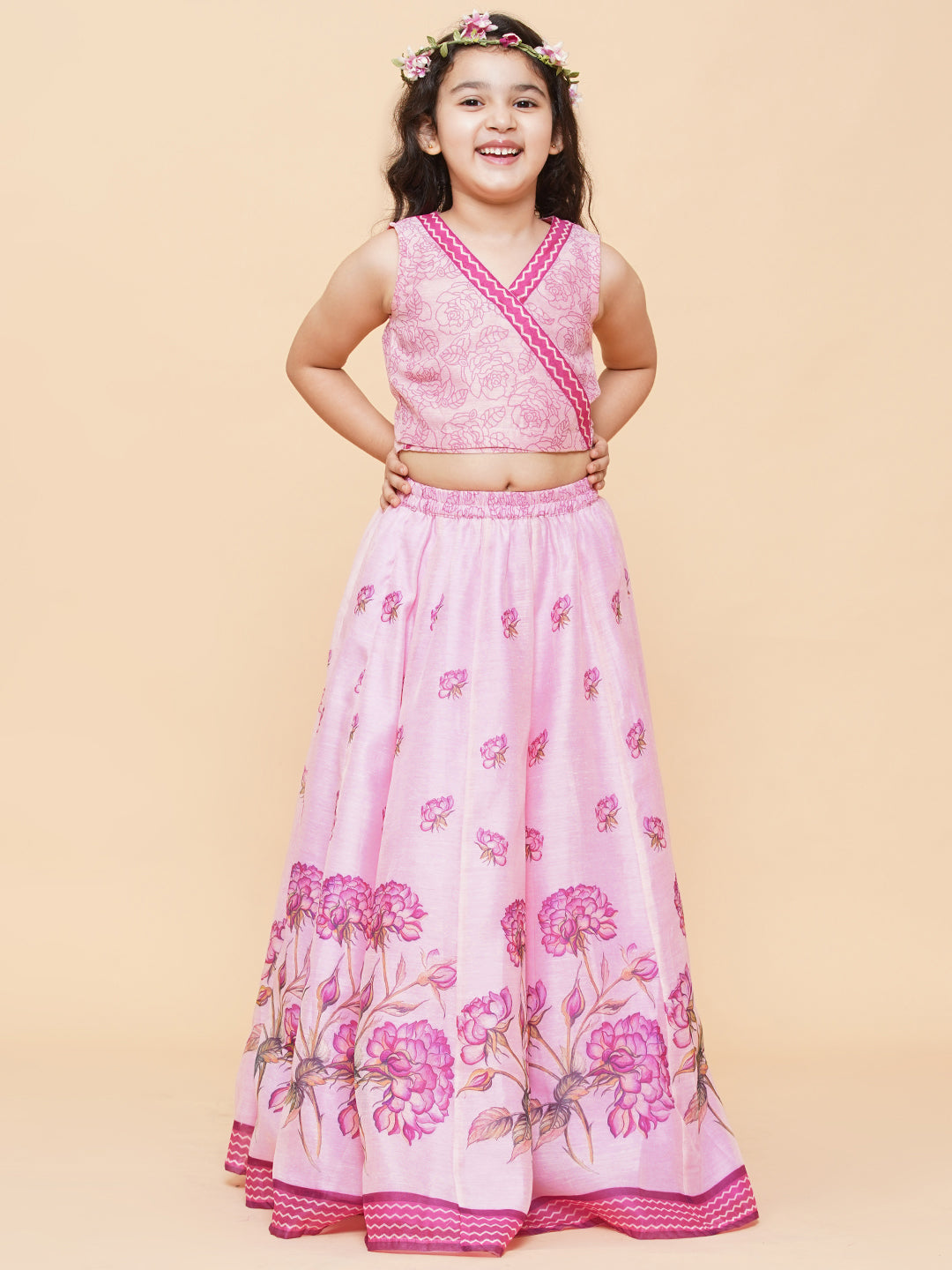 Bitiya by Bhama 
Girls Pink & Lavender Printed Ready to Wear Lehenga with Blouse