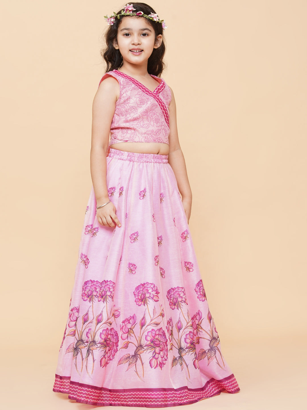 Bitiya by Bhama 
Girls Pink & Lavender Printed Ready to Wear Lehenga with Blouse