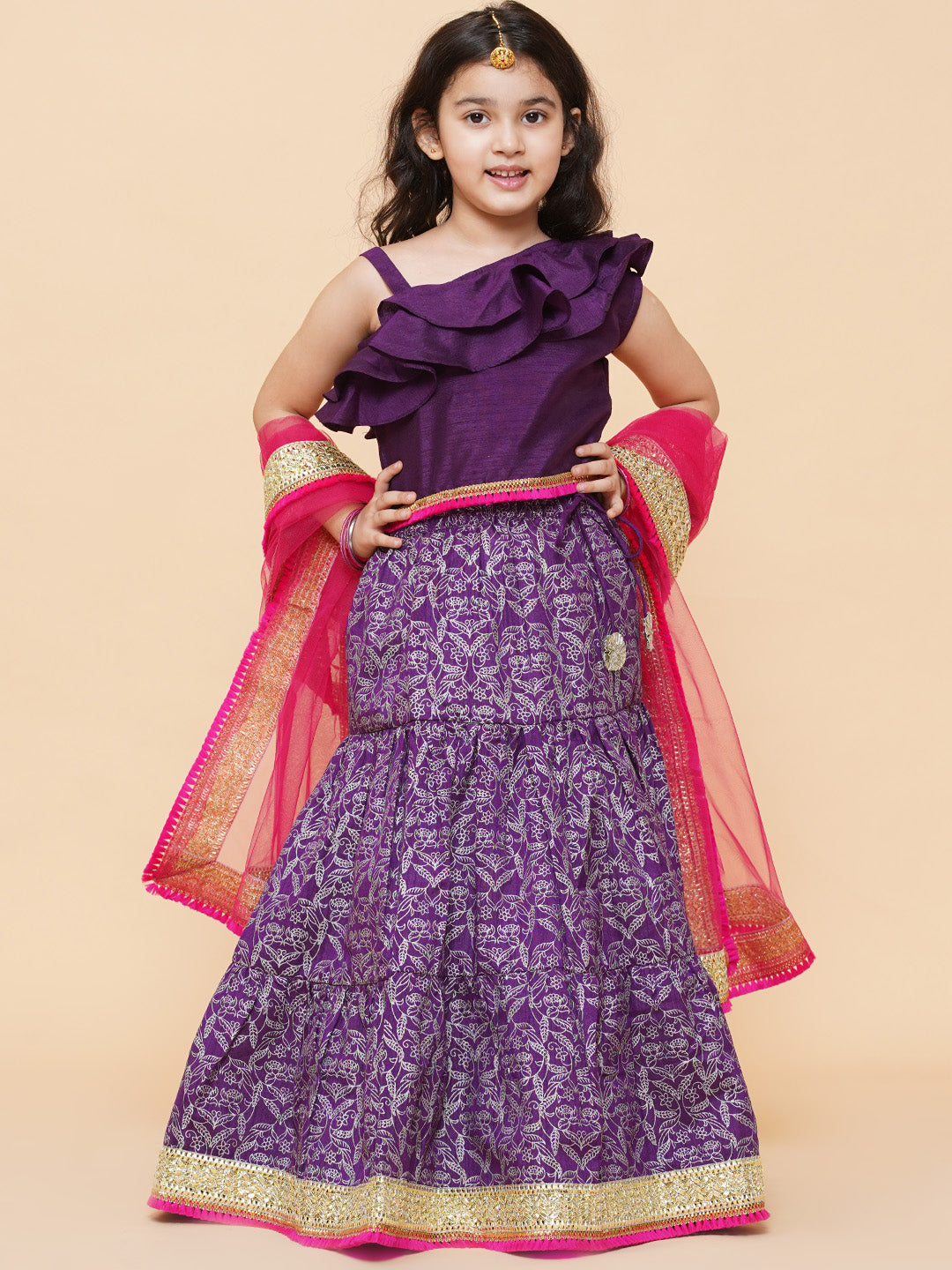 Bitiya by Bhama 
Girls Purple & Magenta Ready to Wear Lehenga & Blouse With Dupatta