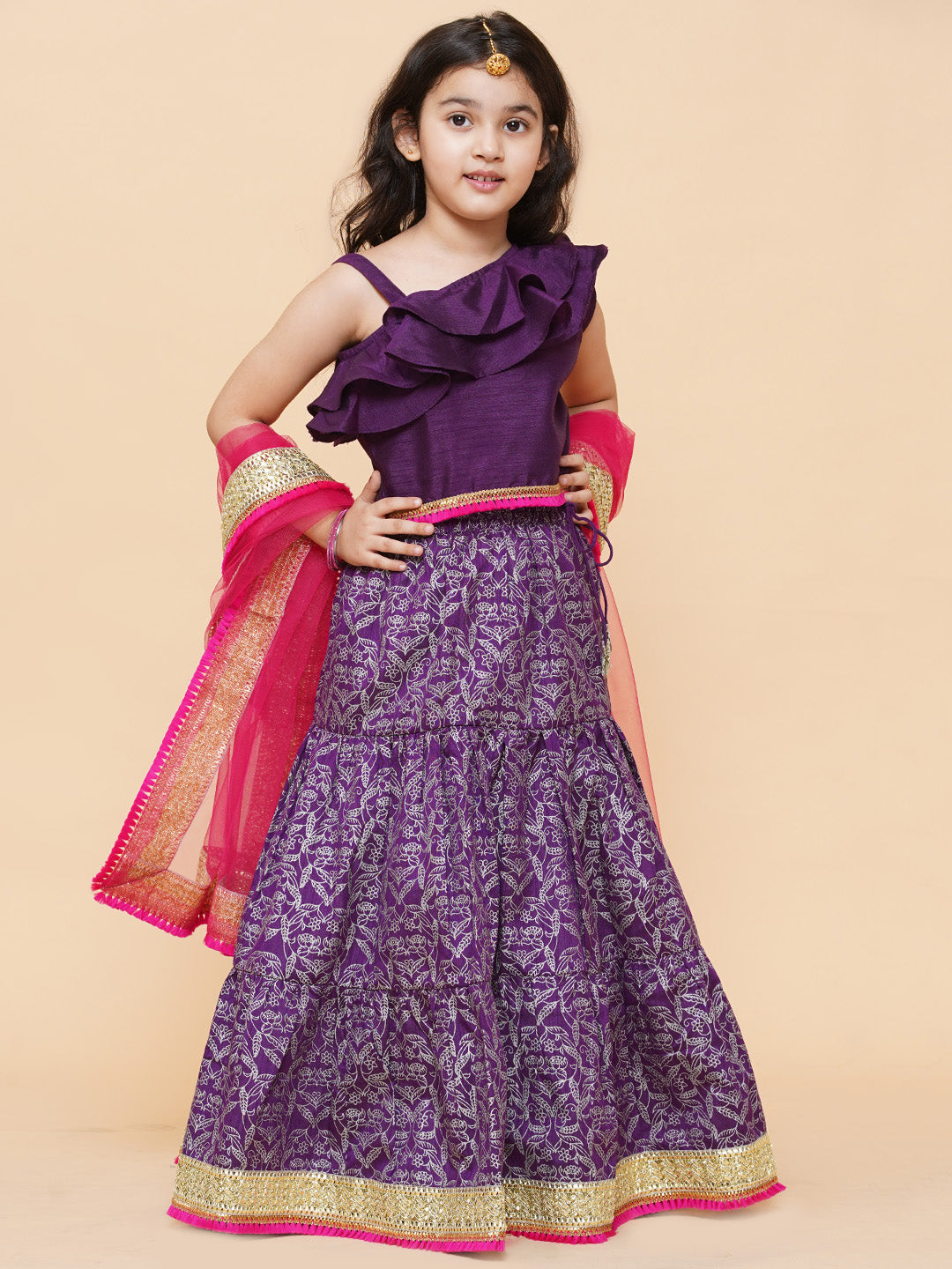 Bitiya by Bhama 
Girls Purple & Magenta Ready to Wear Lehenga & Blouse With Dupatta