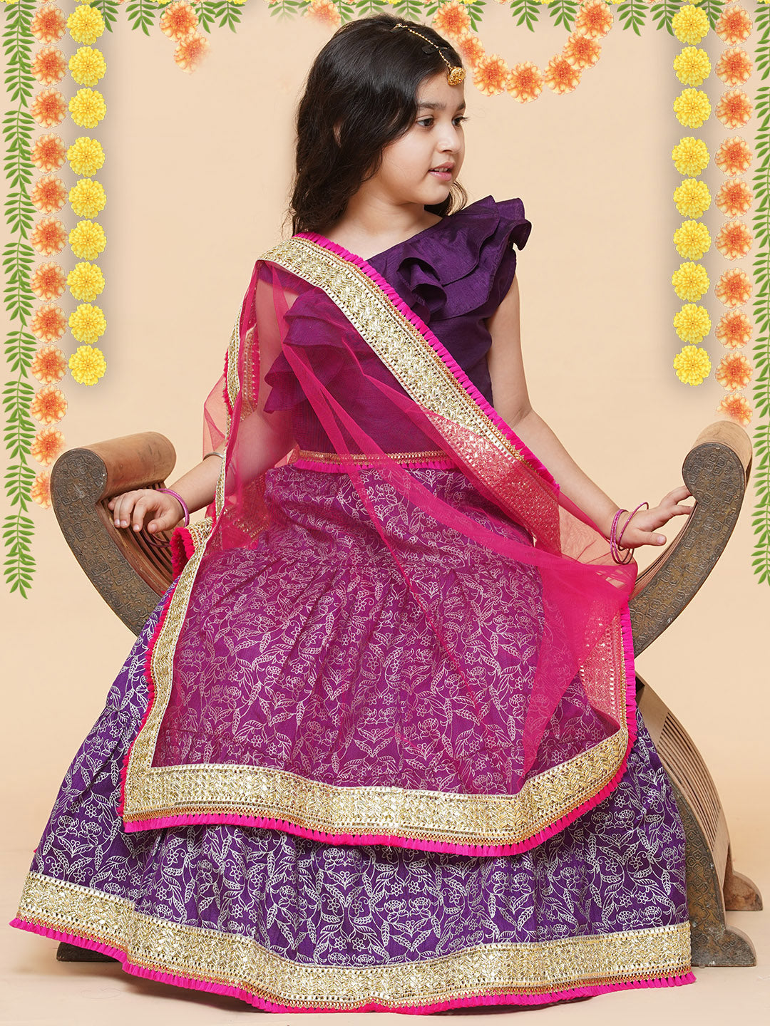 Bitiya by Bhama 
Girls Purple & Magenta Ready to Wear Lehenga & Blouse With Dupatta
