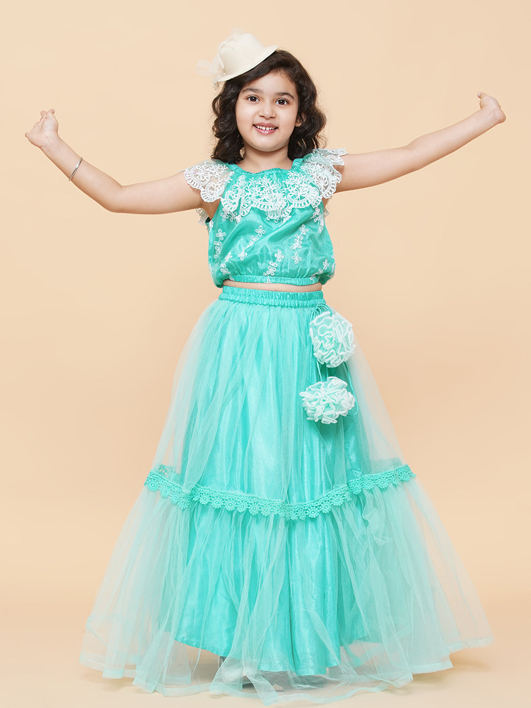Bitiya By Bhama Girls Sea Green & White Embroidered Ready To Wear Lehenga Chol