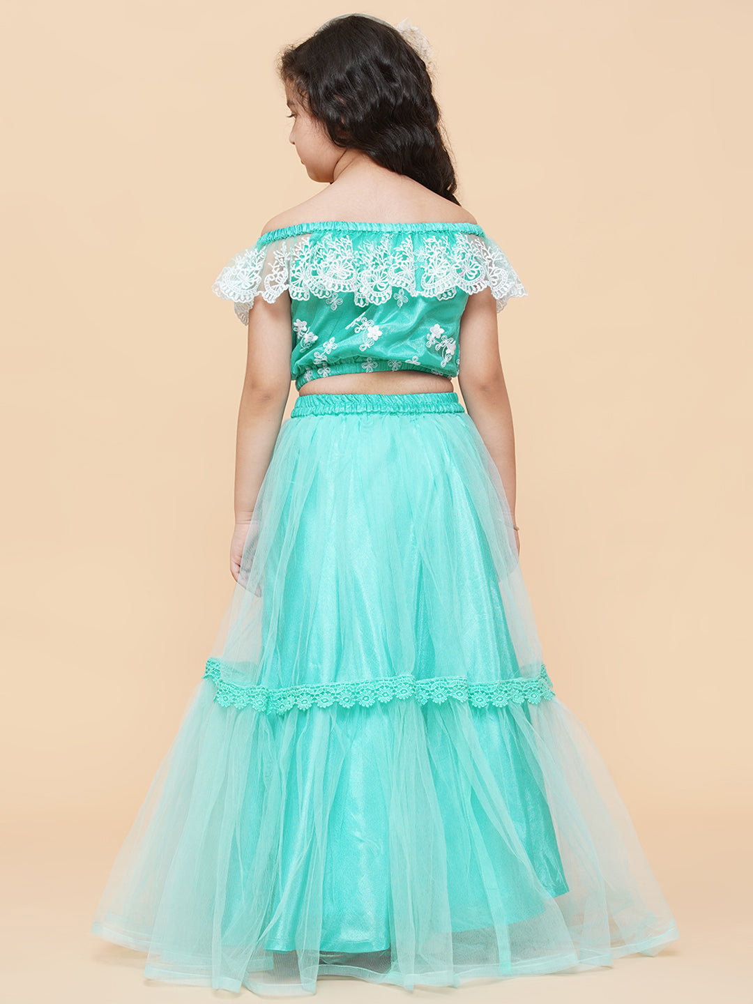Bitiya By Bhama Girls Sea Green & White Embroidered Ready To Wear Lehenga Chol