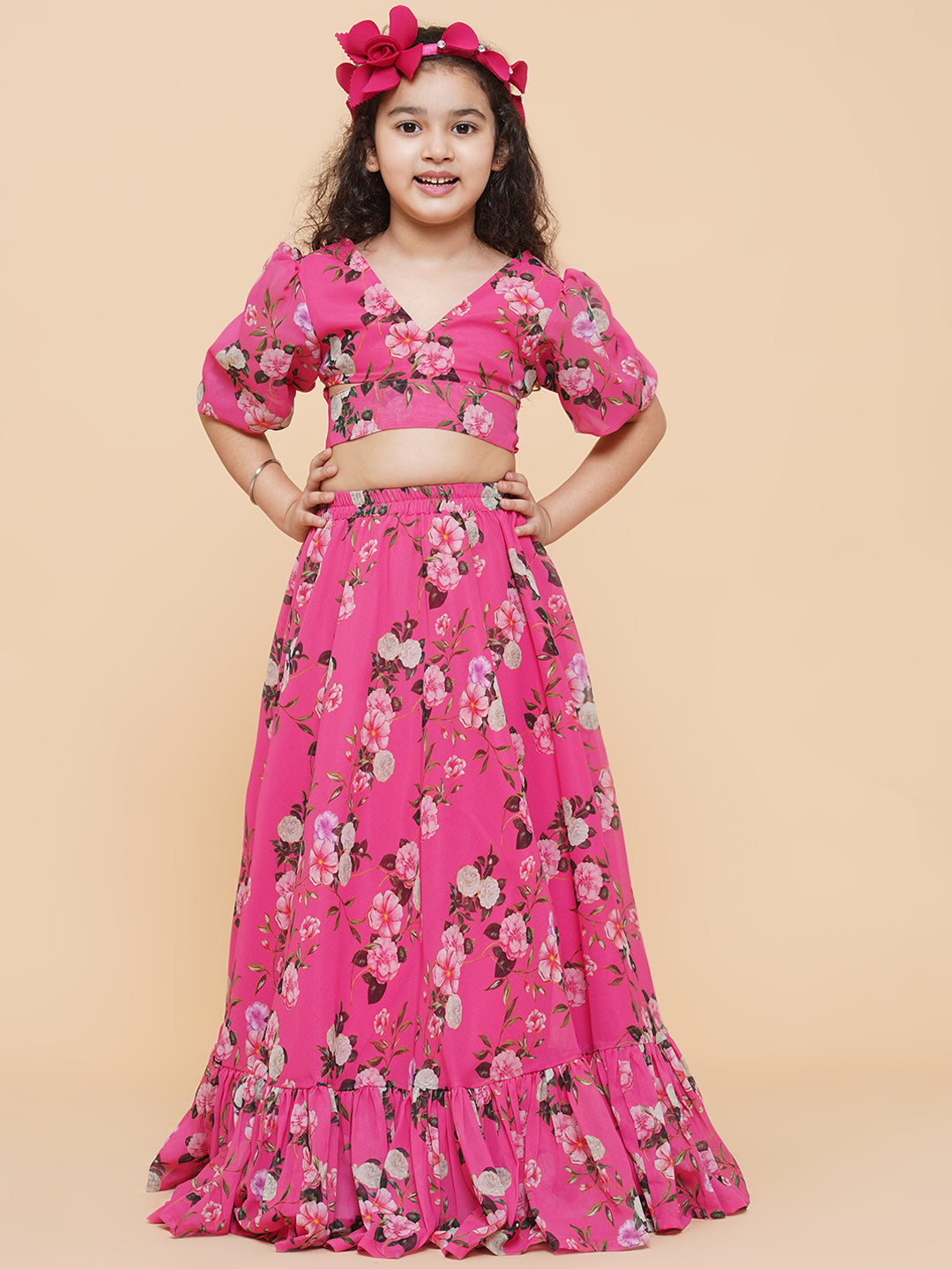 Bitiya By Bhama Girls Pink Flower Digital Print Ready To Wear Lehenga Choli