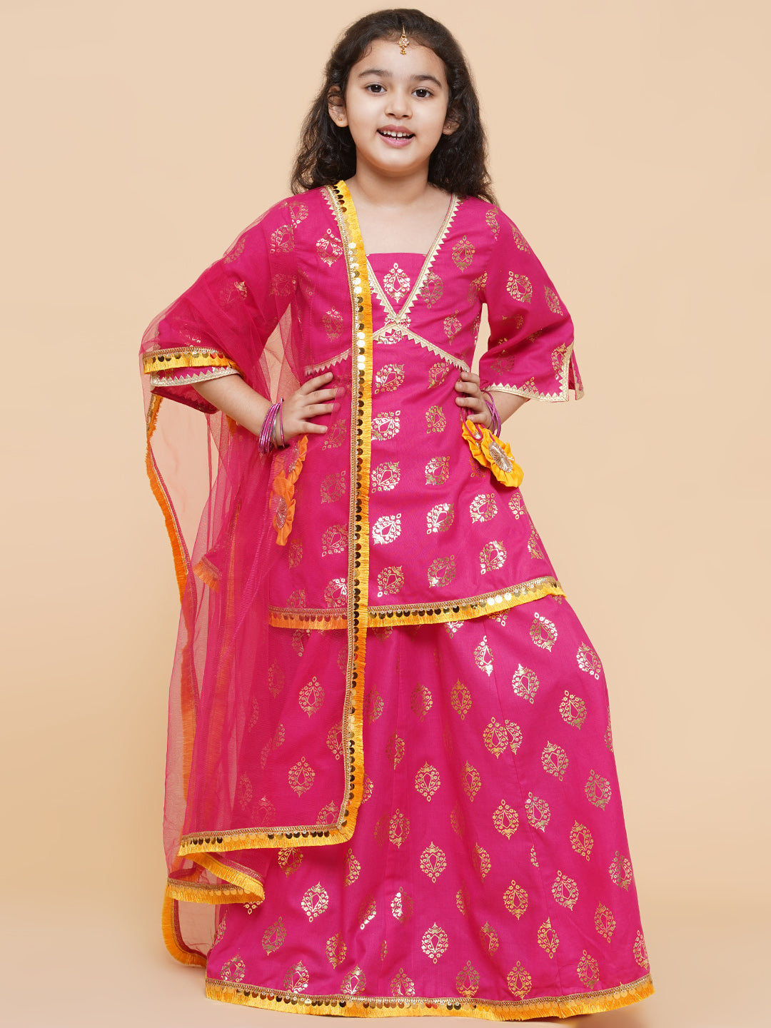 Bitiya By Bhama Girls Pink Foil Printed Ready To Wear Lehenga & Blouse With Dupatta
