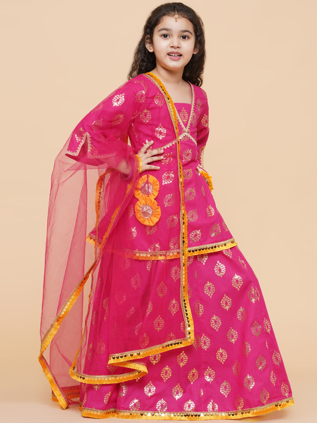 Bitiya By Bhama Girls Pink Foil Printed Ready To Wear Lehenga & Blouse With Dupatta