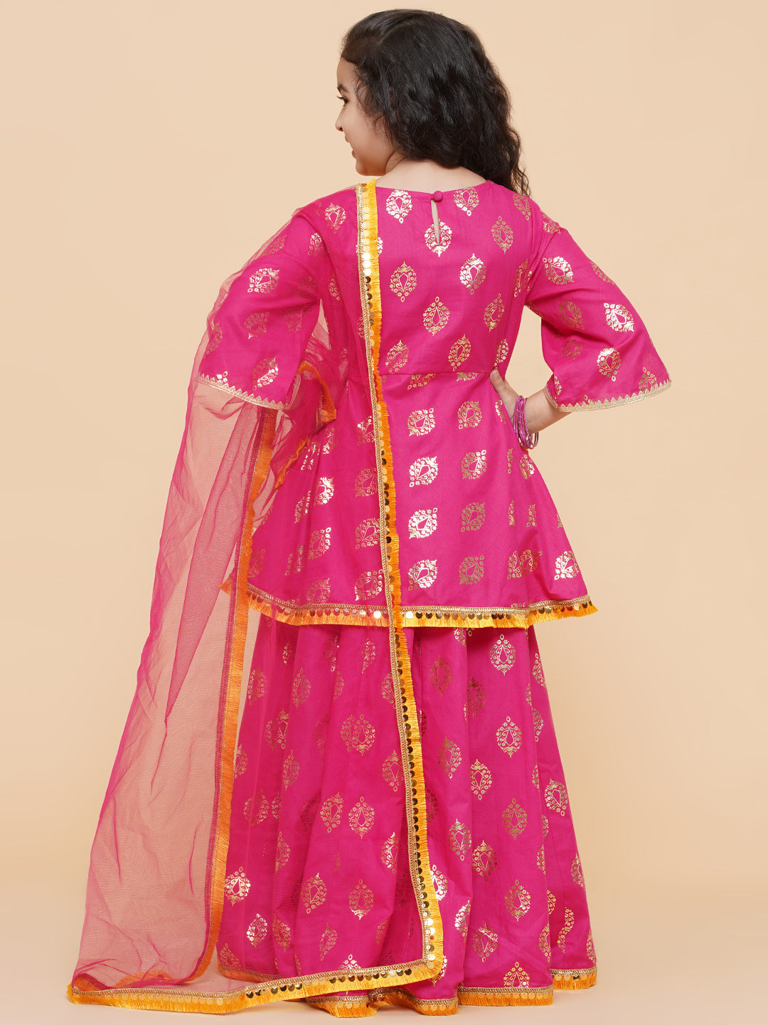 Bitiya By Bhama Girls Pink Foil Printed Ready To Wear Lehenga & Blouse With Dupatta