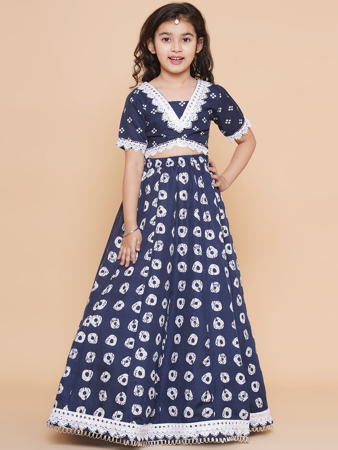 Bitiya By Bhama Girls Navy Blue Bandhani Printed Lace Work Lehenga Choli.