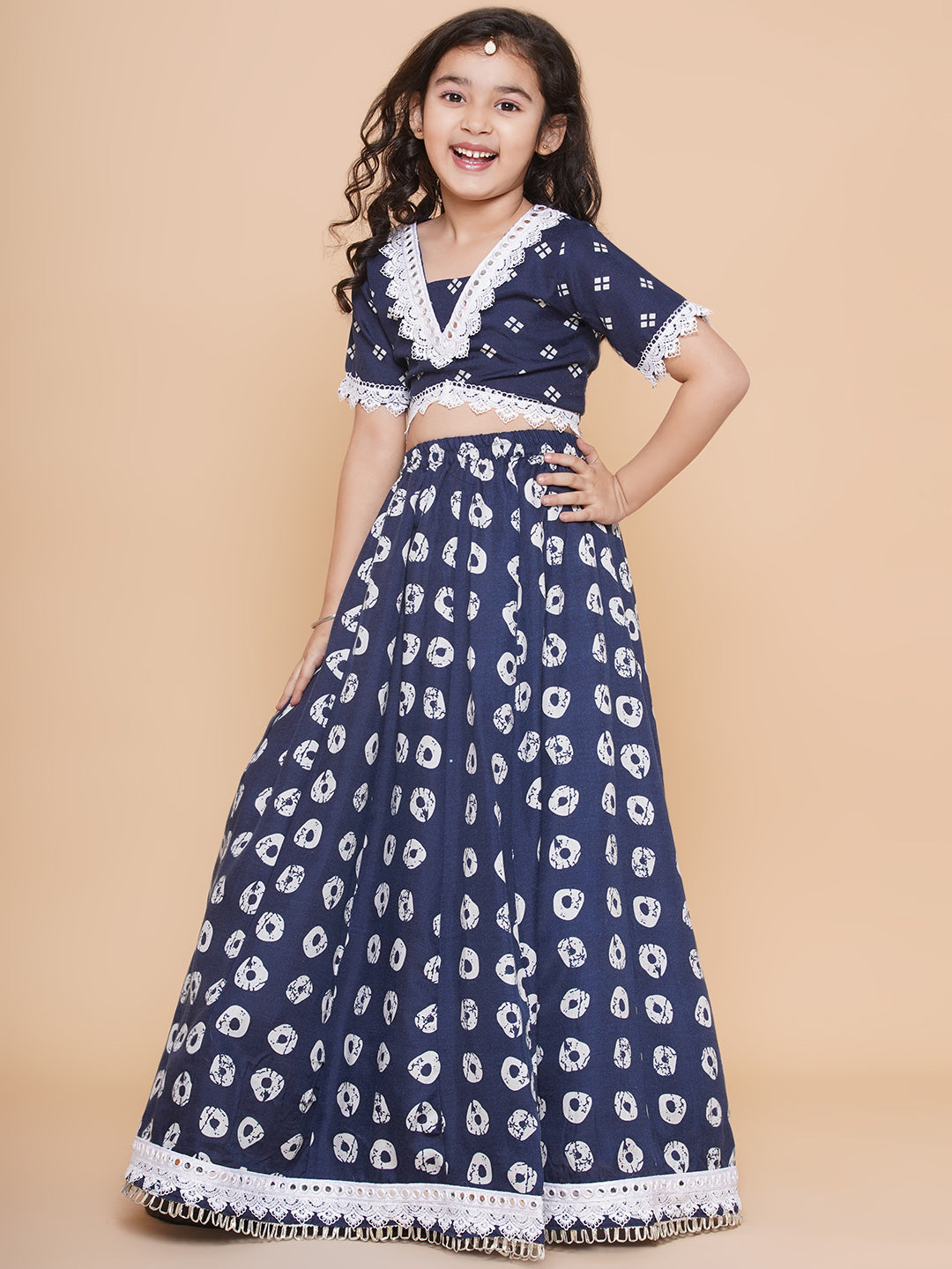 Bitiya By Bhama Girls Navy Blue Bandhani Printed Lace Work Lehenga Choli.