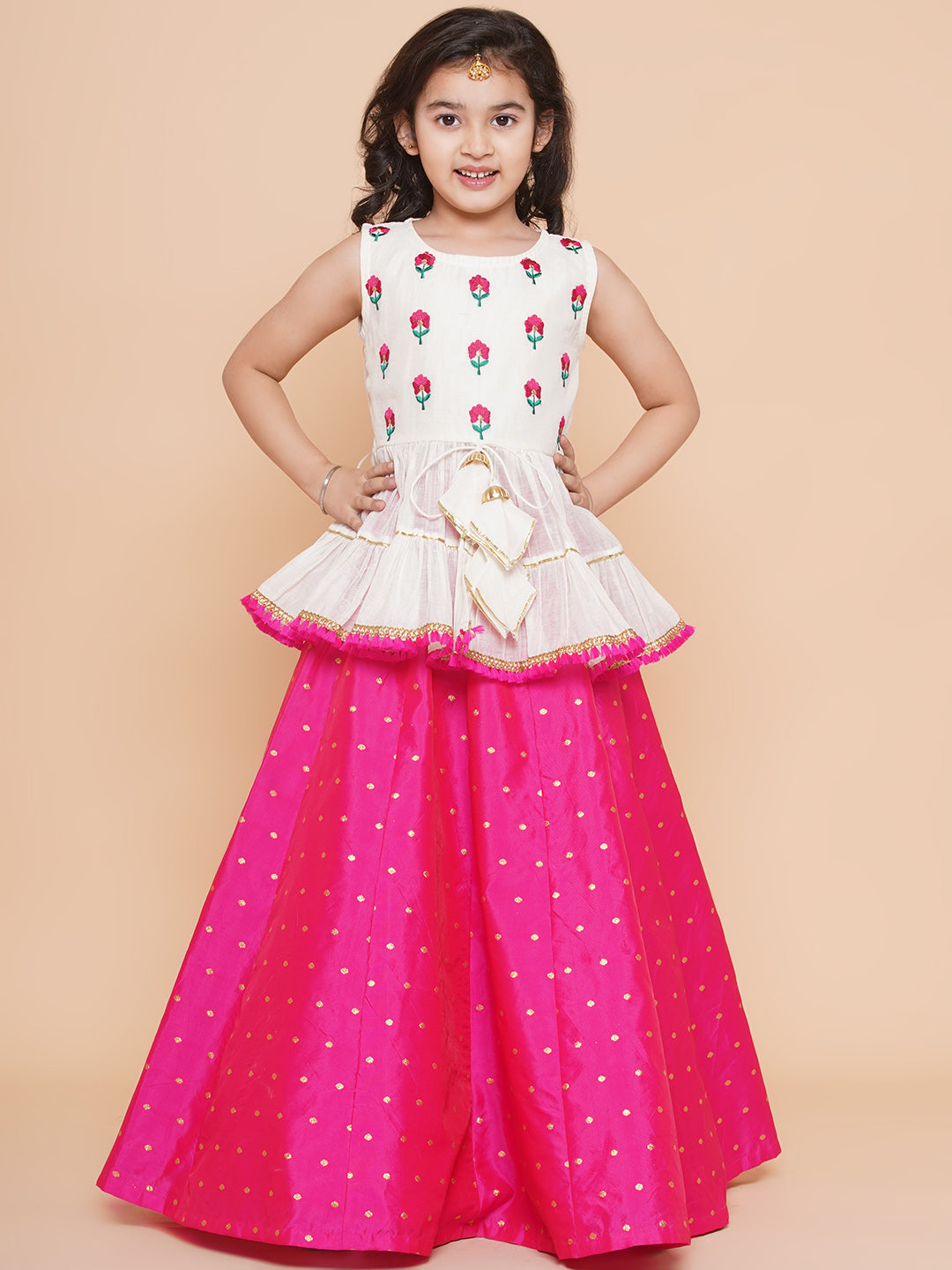 Bitiya By Bhama Girls Off White Embroidered Lace Work Choli With Pink Woven Booti Lehenga