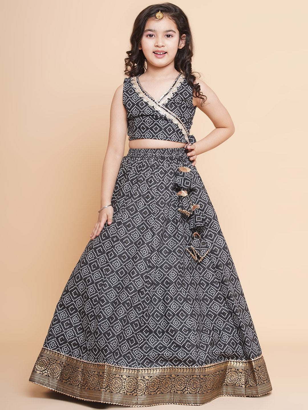 Bitiya by Bhama 
Girls Bandhani Printed Ready to Wear Cotton Choli With Lehenga