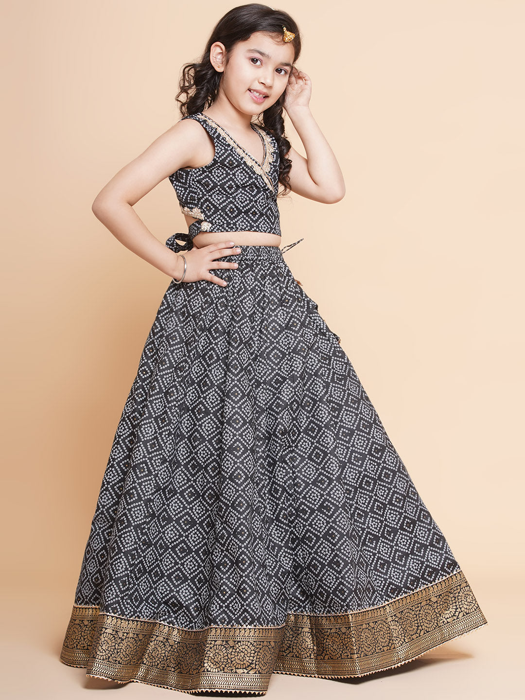 Bitiya by Bhama 
Girls Bandhani Printed Ready to Wear Cotton Choli With Lehenga