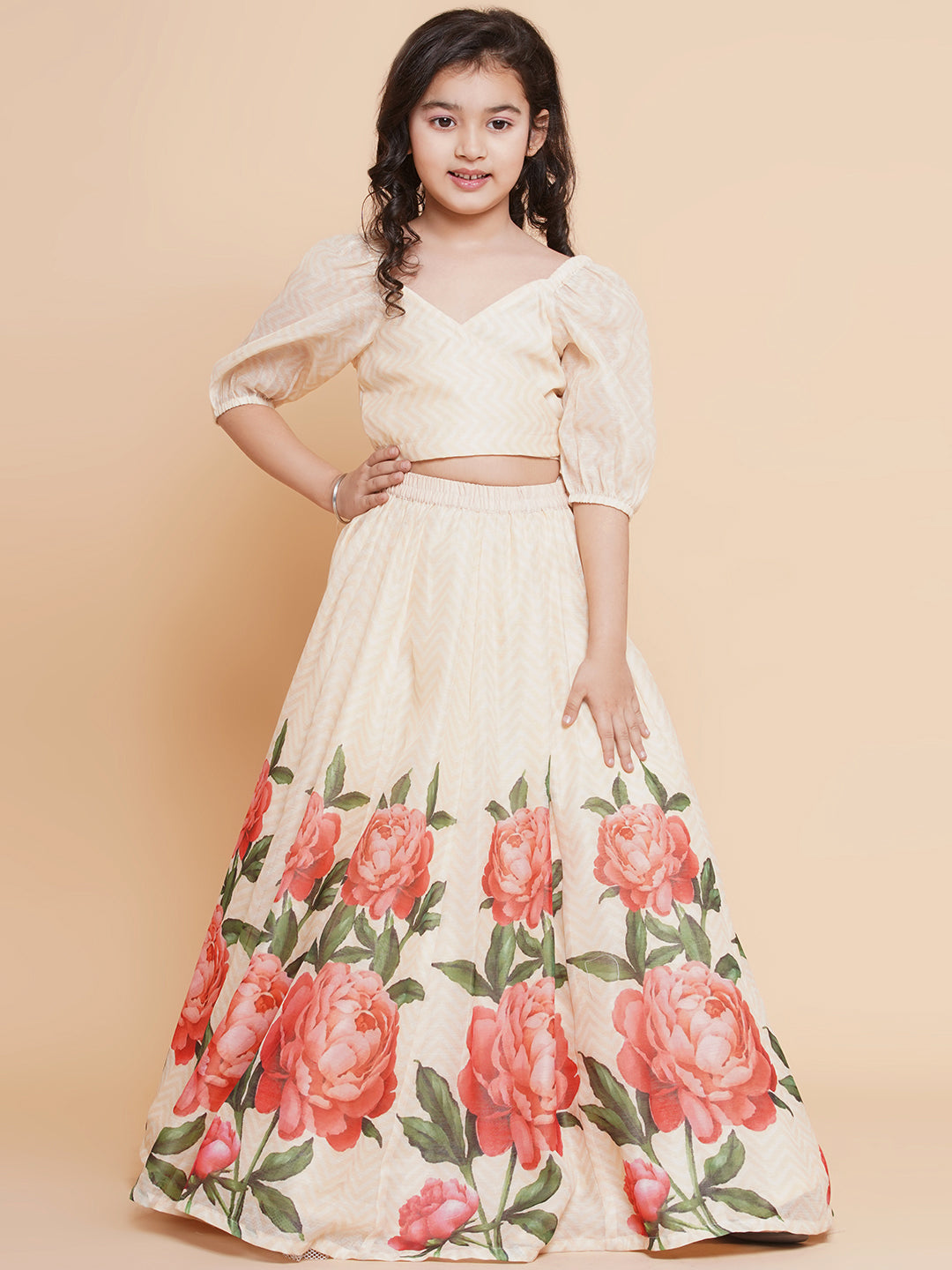 Bitiya By Bhama Girls Beige Rose Flower Ready To Wear Lehenga With Choli
