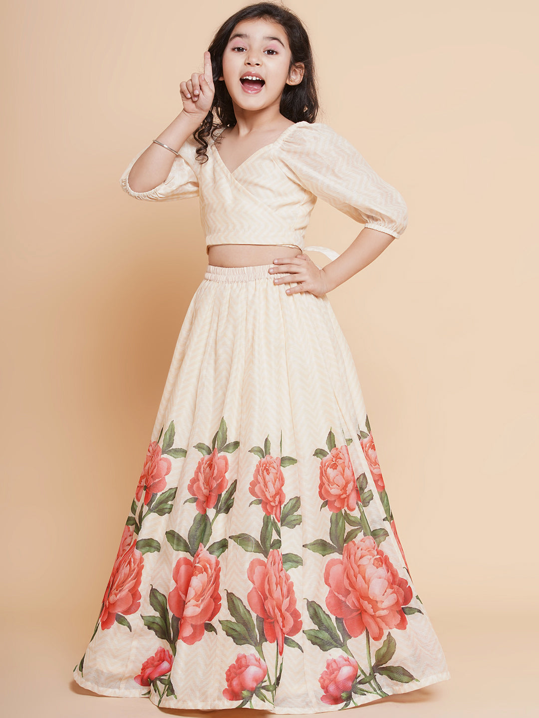 Bitiya By Bhama Girls Beige Rose Flower Ready To Wear Lehenga With Choli