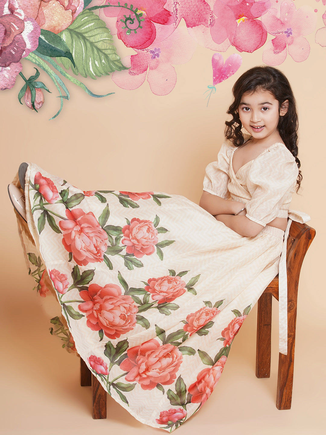 Bitiya By Bhama Girls Beige Rose Flower Ready To Wear Lehenga With Choli