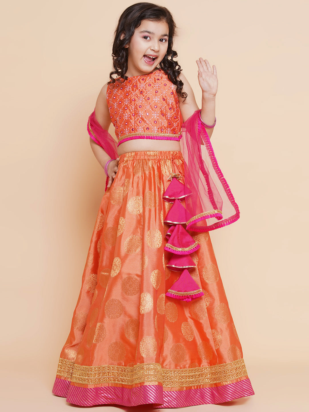 Bitiya By Bhama Girls Peach Mirror Embroidered Lace Detailed Choli With Lehenga And Dupatta