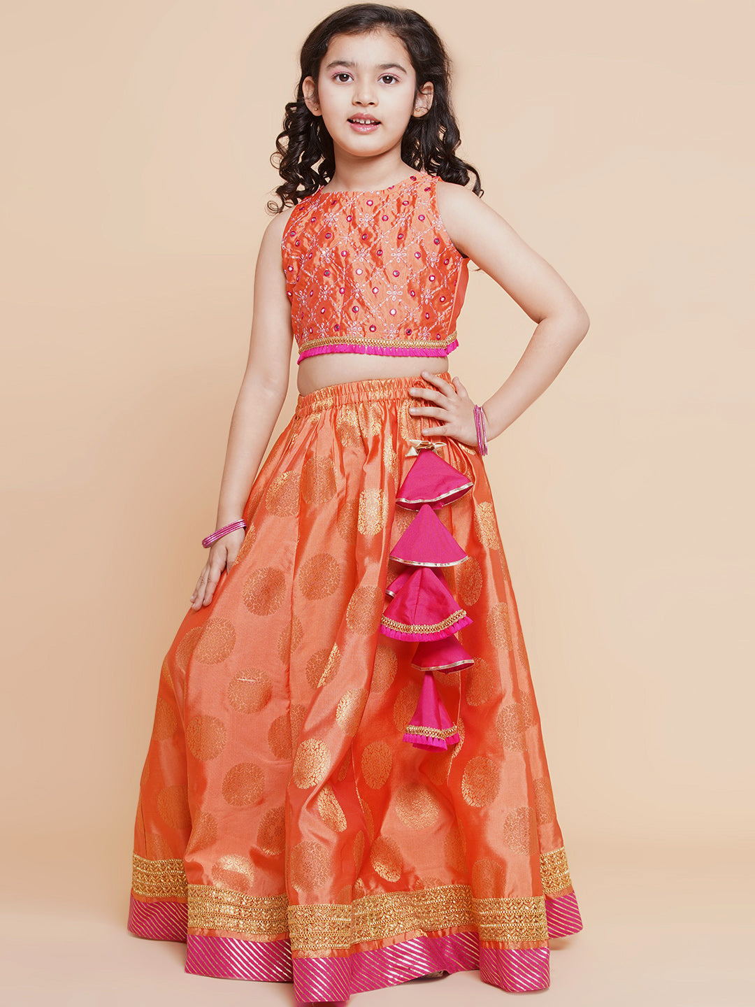 Bitiya By Bhama Girls Peach Mirror Embroidered Lace Detailed Choli With Lehenga And Dupatta