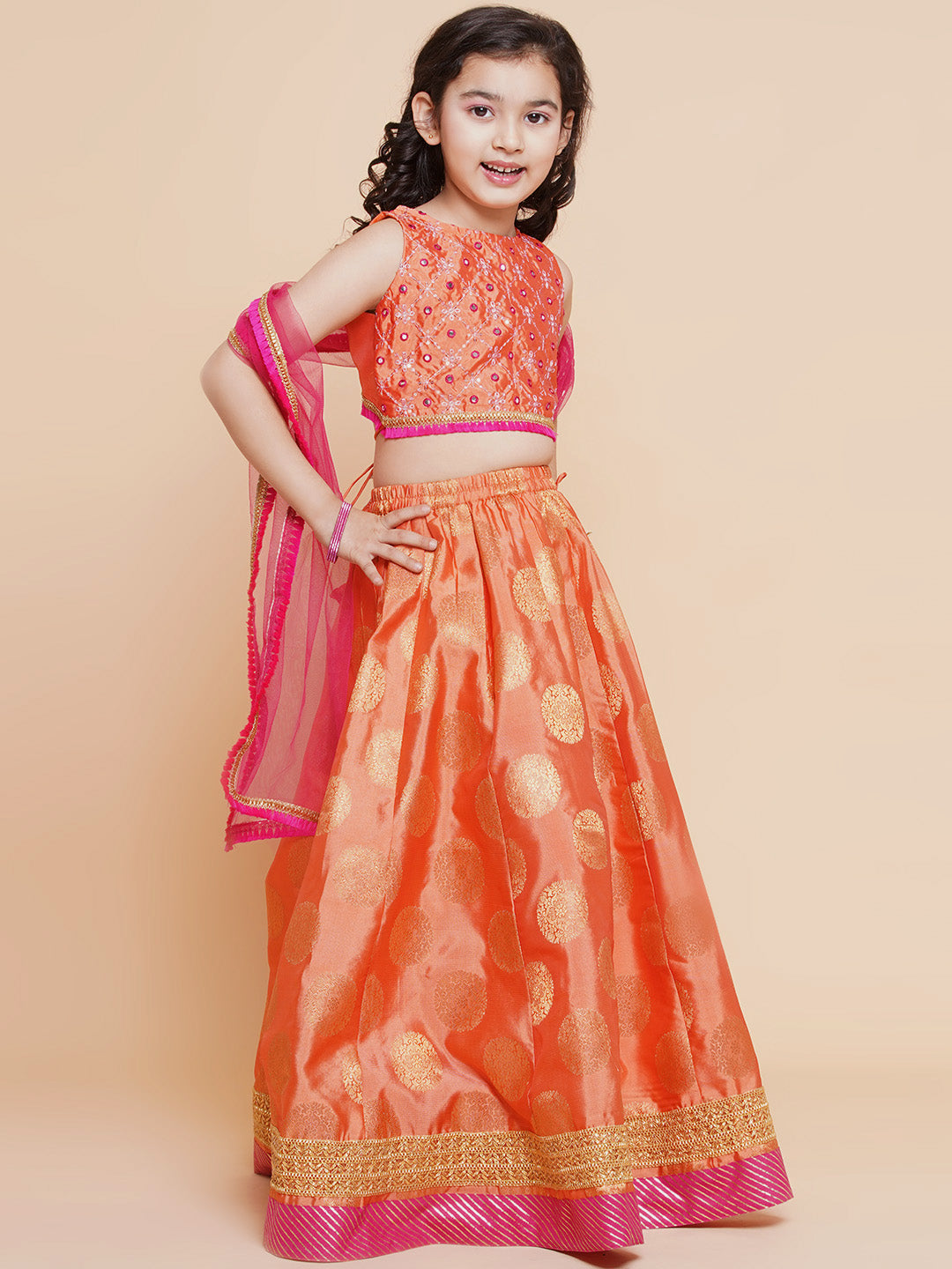 Bitiya By Bhama Girls Peach Mirror Embroidered Lace Detailed Choli With Lehenga And Dupatta