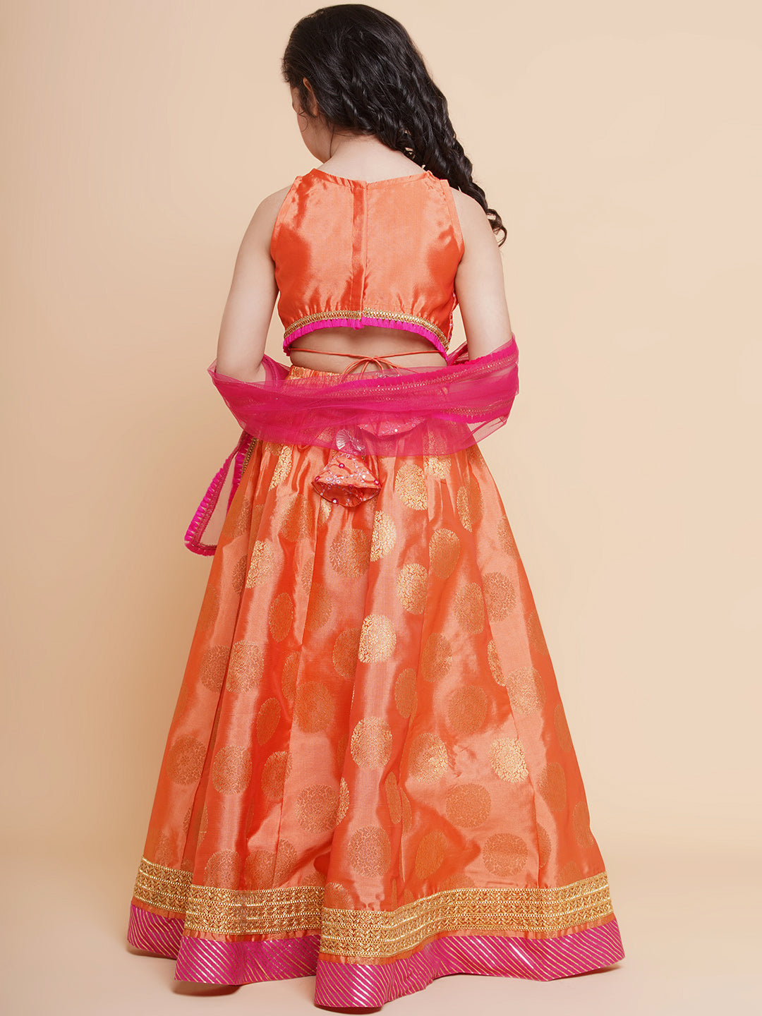 Bitiya By Bhama Girls Peach Mirror Embroidered Lace Detailed Choli With Lehenga And Dupatta