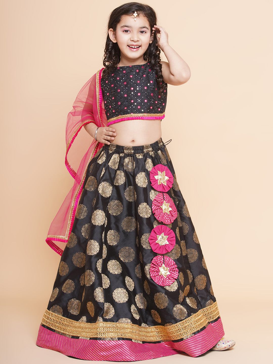Bitiya By Bhama Girls Black & Gold-Toned Embroidered Ready To Wear Lehenga & Blouse With Dupatta