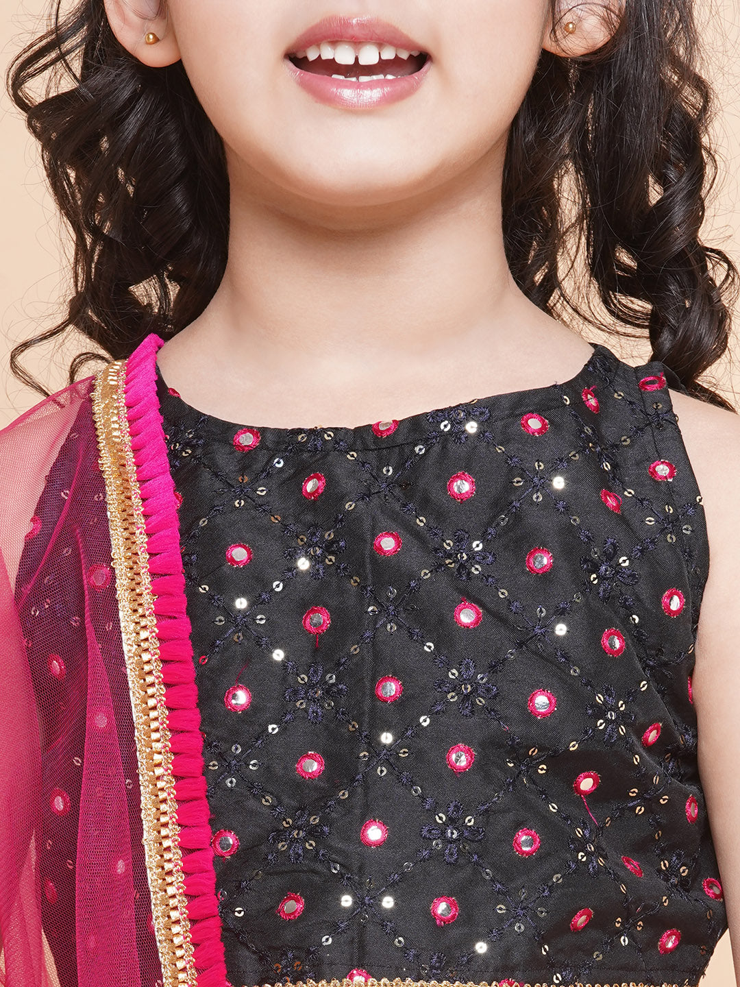 Bitiya By Bhama Girls Black & Gold-Toned Embroidered Ready To Wear Lehenga & Blouse With Dupatta