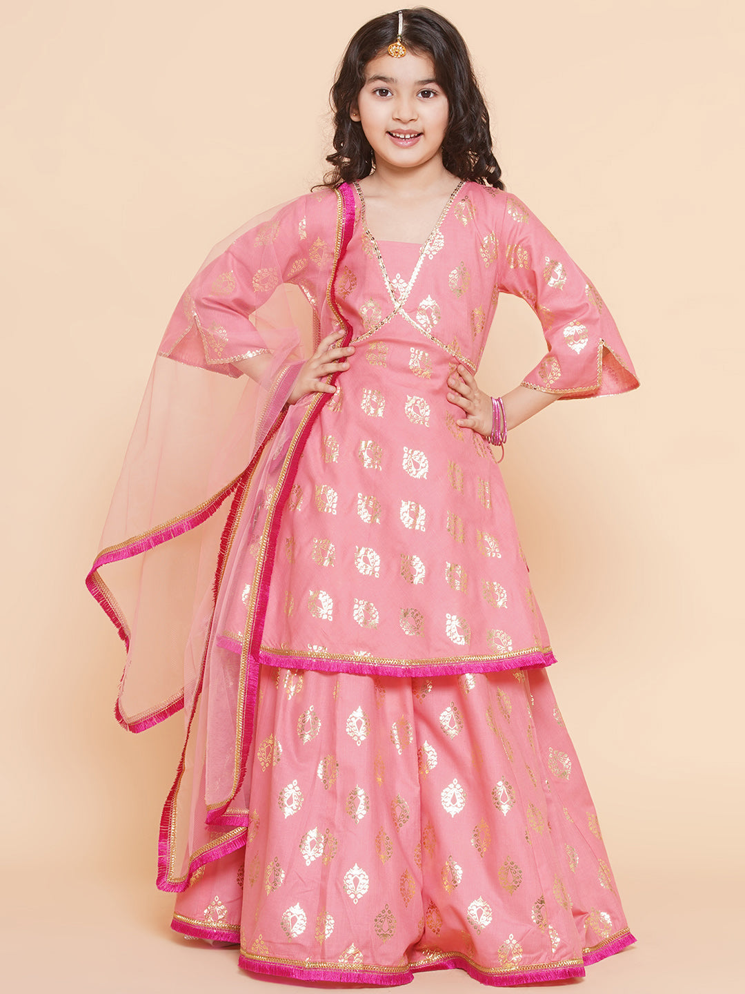 Shop Bitiya By Bhama Girls Peach Foil Printed Lace Work Lehenga,Choli ...
