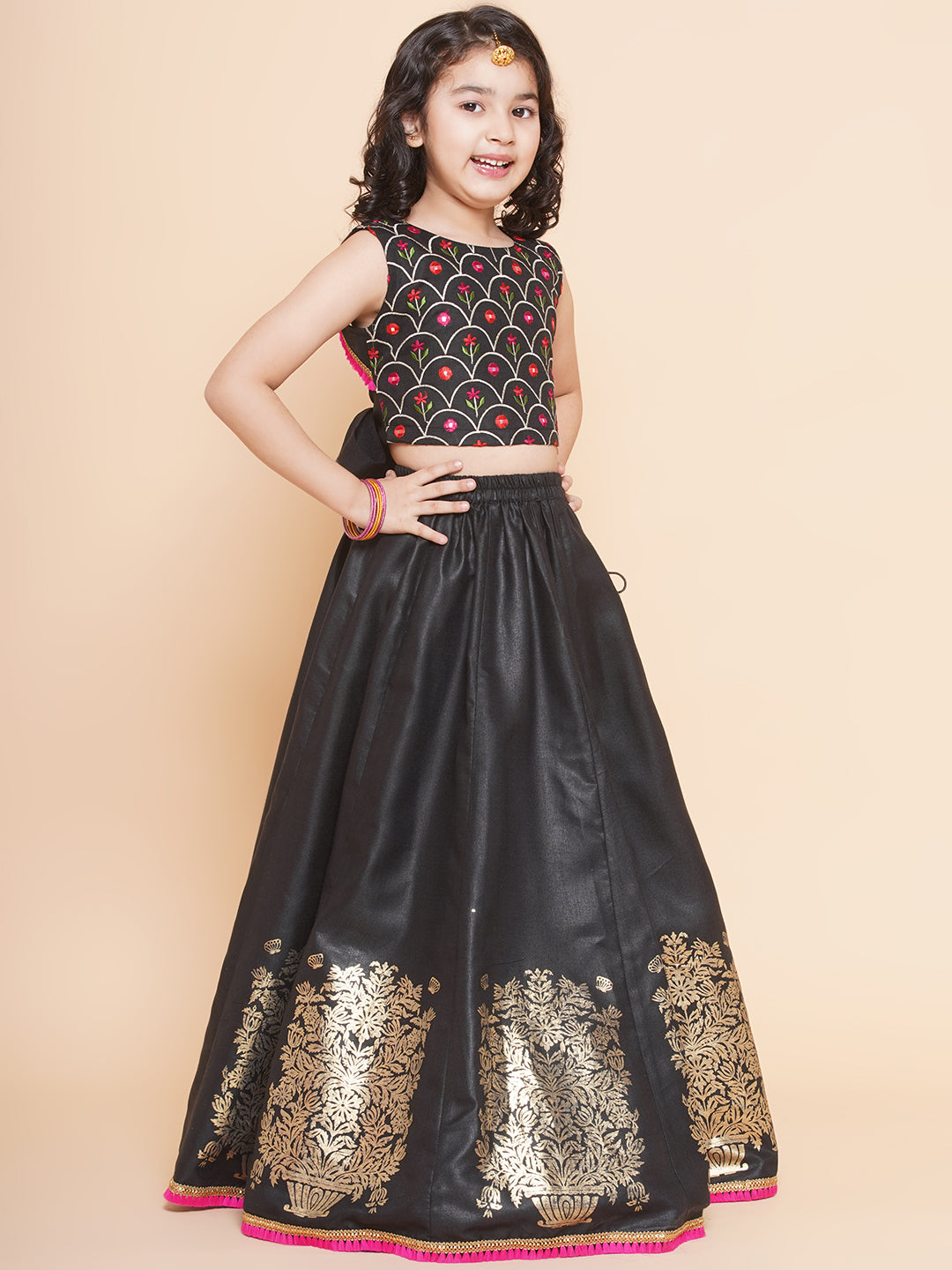 Bitiya By Bhama Girls Black Embroidered Choli, With Printed Lehenga Has A Dupatta