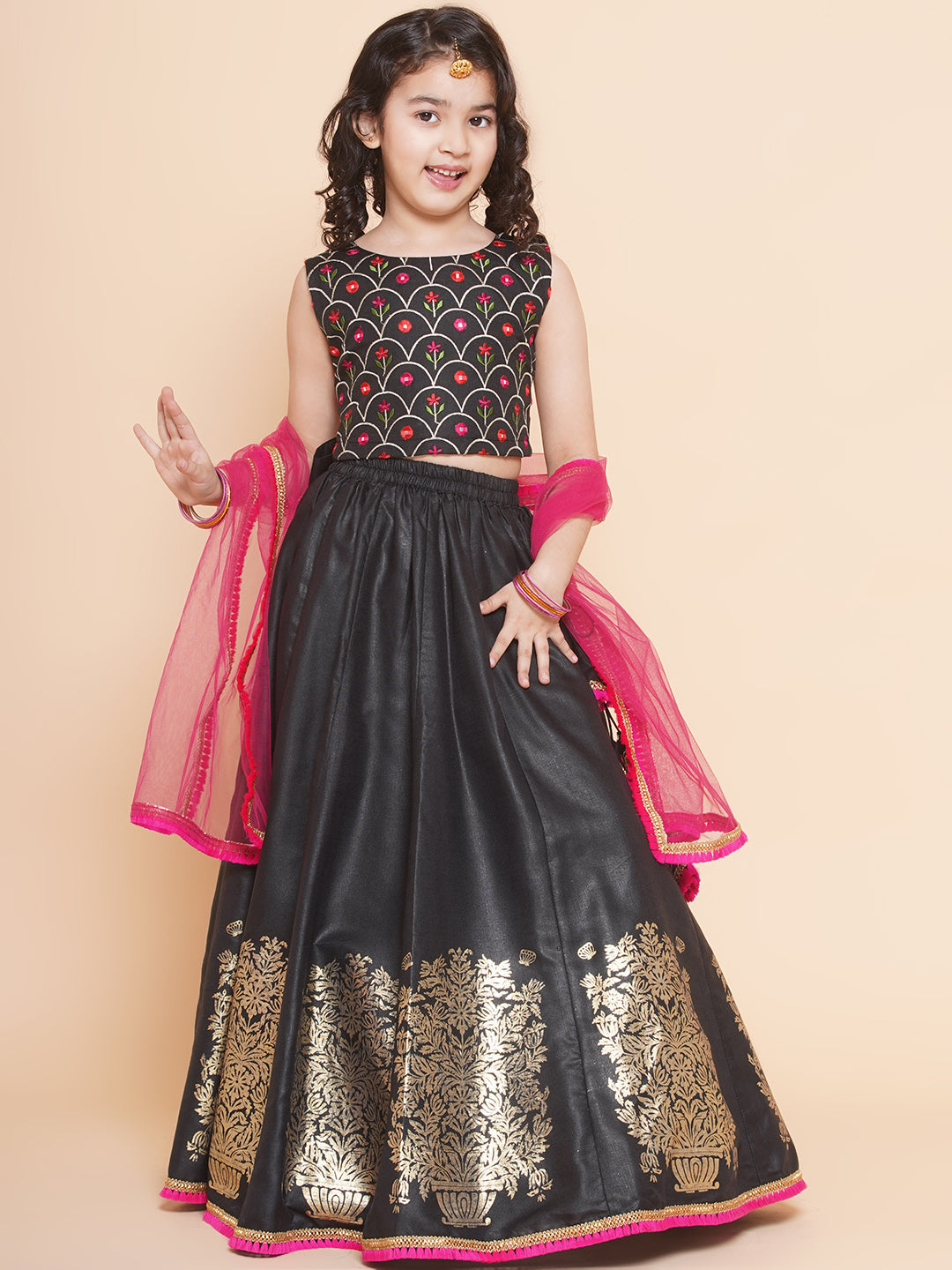 Bitiya By Bhama Girls Black Embroidered Choli, With Printed Lehenga Has A Dupatta